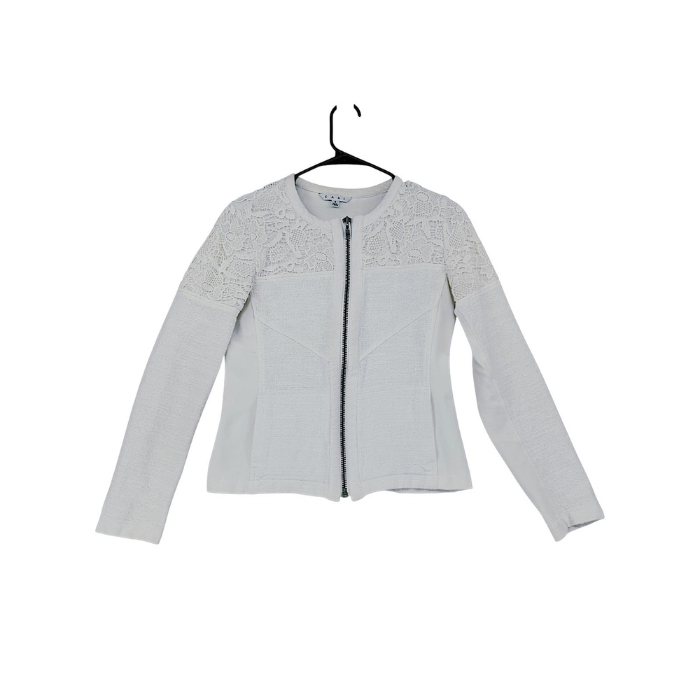 Cabi Lace Jacket S White Full Zip Textured Blazer 715 Mixed Media Coat Coastal